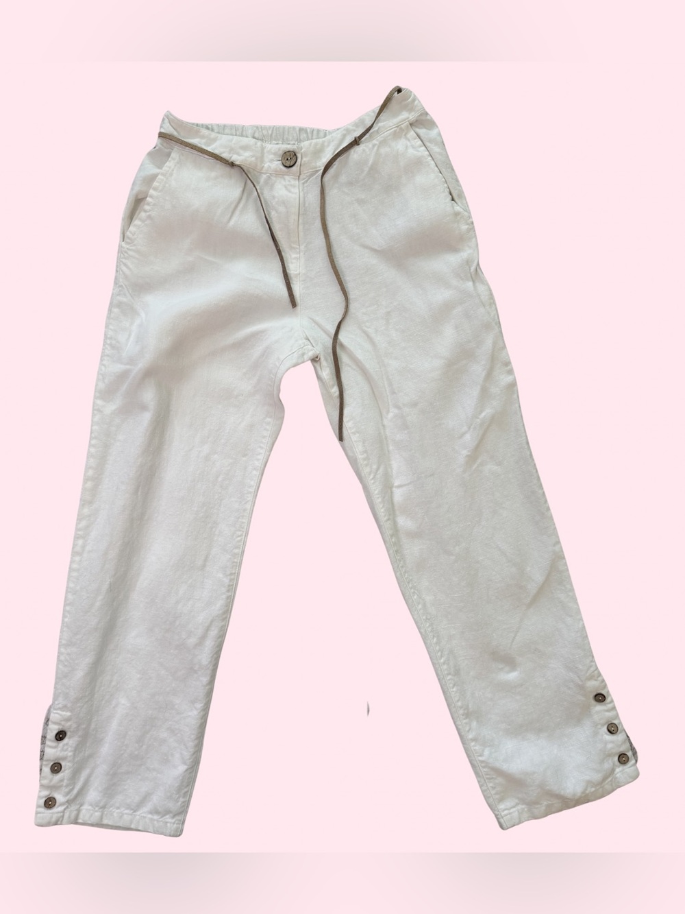 Dolcezza White 100% Linen Casual Pants With Brown Tie Belt